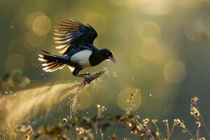 Eurasian Magpie Collecting Nest Materials in Morning Setting Background in Nature photo