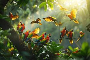 Colorful Parrots Playing in Tropical Forest with Sunlight Dappled Background in Nature photo