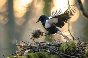 Eurasian Magpie Fetching Nest Material in Morning Light Background in Nature photo