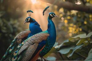 Vibrant Peacocks Displaying Plumage in Botanical Garden Background of Nature and Shimmering Feathers in Sunlight photo