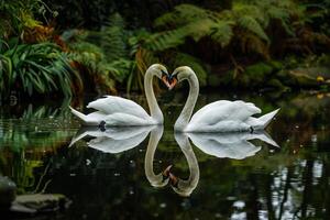 Swans Gliding Gracefully Across Pond in Botanical Garden Background of Shimmering Reflections in Nature photo