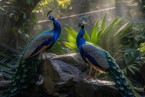 Majestic Peacocks with Colorful Plumage in Botanical Garden nature background of Shimmering Feathers in Sunlight photo