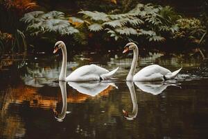 Swans Gliding Across Pond in Botanical Garden nature background of Shimmering Reflections and Tranquil Water photo