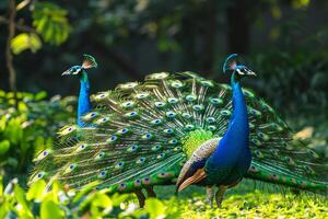 Majestic Peacocks Displaying Plumage in Botanical Garden nature background of Sunlit Feathers in Morning Light photo