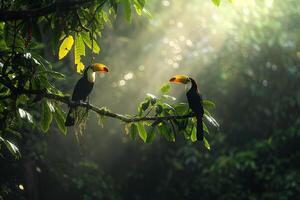 Sunlight Filtering Through Dense Foliage nature background with Vibrant Plumage of Toucan in Rainforest photo