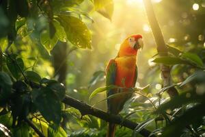 Sunlight Filtering Through Feathers of Colorful Parrot nature background with Tropical Foliage photo