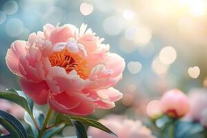 Summer Blossoming Peony Selective  Shallow DOF Toned Light and Heart Bokeh Background in Nature Background photo