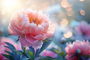Summer Blossoming Peony Selective  Shallow DOF Toned Light and Heart Bokeh Background in Nature Background photo