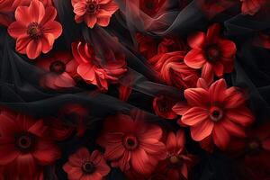 Dark Elegant Wallpaper with Red and Black Tulle Fabric and  Red Flowers photo