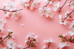 Sakura Background with Flower Blossom and April Floral Nature on Pink photo