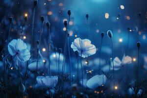 Wild Poppies Illuminated by Dramatic Blue Moonlight and Fireflies in the Night Nature Background photo