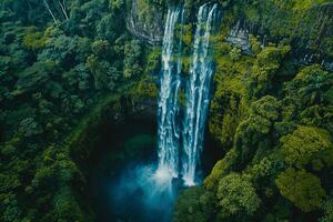 Waterfall Seen from Above in Tropical Rainforest Nature Background photo