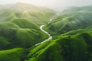 Aerial View of Lush Green Hills with Meandering River nature background photo