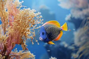 Blueface Angelfish Swimming Gracefully Among Swaying Sea Fans in a Clear Deep Sea Environment with Ambient Light Creating a Serene Atmosphere. Nature Background photo