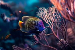Blueface Angelfish Swimming Gracefully Among Swaying Sea Fans in a Clear Deep Sea Environment with Ambient Light Creating a Serene Atmosphere. Nature Background photo