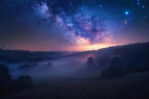 Orion Constellation Above Foggy Valley. Night Sky Background photo