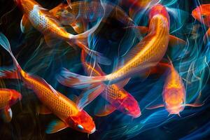 Abstract Portrayal of Fish in Swirling Patterns of Light and Color with Nature Background. Swirling Light Patterns. Color Design photo