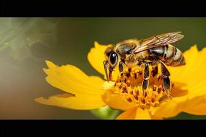 Nature of a Large Striped Bee Collecting Pollen on a Yellow Flower on a Sunny Bright Day Background Nature photo
