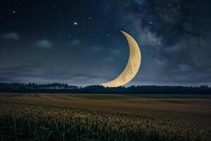 Crescent Moon Over Rolling Fields in a Serene Night Background Nature photo