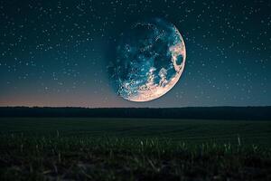 Crescent Moon Over Rolling Fields in a Serene Night Nature Background photo