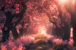 Sunlight Filtering Through a Canopy of Pink Cherry Blossom Trees in a Peaceful Orchard photo