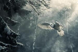 Atmospheric Snowy Owl Flying Through Foggy Winter Forest with Soft Diffused Light Illuminating Its Wings. Nature. Background photo