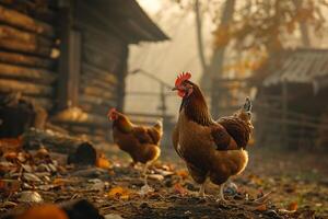 Chickens in an autumn farmyard background nature photo