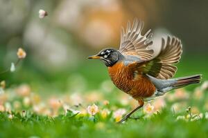 American Robin Hopping Energetically on a Green Lawn Scattered with Spring Blossoms Nature Background photo