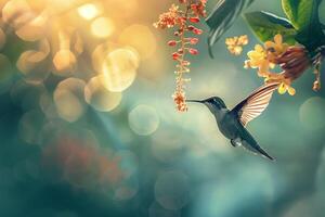 Bokeh Effect on Hummingbird Feeding from a Flower with a Beautiful Background photo