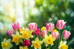 Tulips and Daffodils Flowers Over Green Garden Background. Bright and Colorful. Spring Bloom. Nature photo