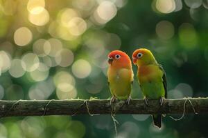 Bokeh Pair of Lovebirds Perched Close Together on a Branch. Green Forest Nature Background photo