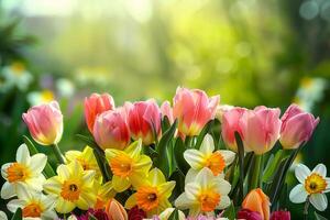 Tulips and Daffodils in Green Garden  Nature Background photo