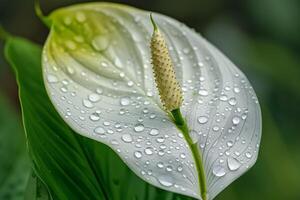 Water Droplets on Peace Lily Leaf Background. Nature photo