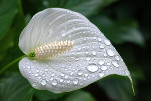 Water droplets on Peace Lily leaf. Nature. Background photo