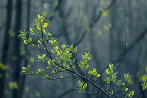 Fresh Green Leaves and Blossoms Emerging on Trees in a Springtime Forest  Nature Background photo