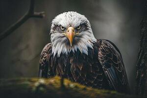 Nature background portrait of a Bald Eagle perched on a tree branch. with intense eyes. background nature photo