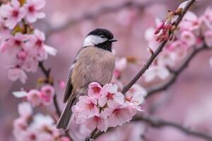 Nature Background of a Chickadee Perched on Cherry Blossom Branch photo
