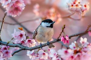 Nature Background of a Chickadee Perched on Cherry Blossom Branch photo