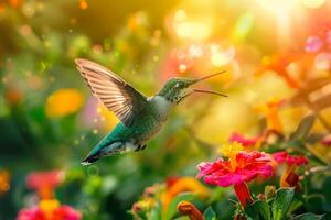 Nature Background of a hummingbird hovering near  flowers capturing its iridescent feathers and delicate motion photo