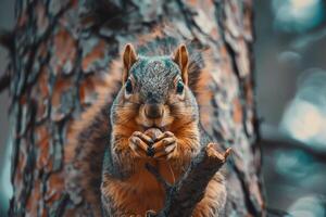 squirrel munching on a nut while perched on a tree branch photo