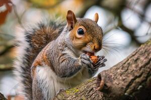 squirrel munching on a nut while perched on a tree branch photo