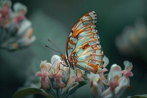 butterfly perched delicately on a flower petal intricate patterns of its wings visible up close photo