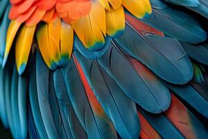 Nature Background of a parrots feathers showcasing its  plumage and intricate patterns photo