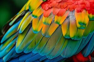 Nature Background of a parrots feathers showcasing its  plumage and intricate patterns photo