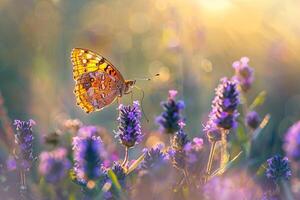 Nature Background of a Question Mark butterflys delicate proboscis probing a cluster of purple wildflowers in a sunlit meadow photo