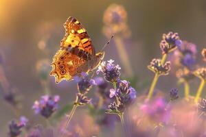 Nature Background of a Question Mark butterflys delicate proboscis probing a cluster of purple wildflowers in a sunlit meadow photo