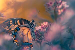 Nature Background of an Eastern Tiger Swallowtail butterflys delicate proboscis probing a cluster of pink wildflowers in a sunlit meadow photo