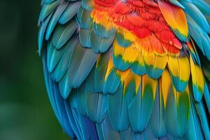 Nature Background of a parrots feathers showcasing its  plumage and intricate patterns photo