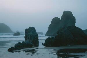 Silhouette of Rocks in Evening Mist Nature Background photo