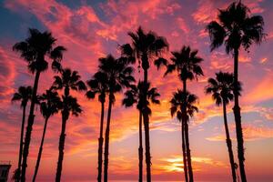 Palm Trees Silhouetted Against Fiery Sunset Nature Background photo